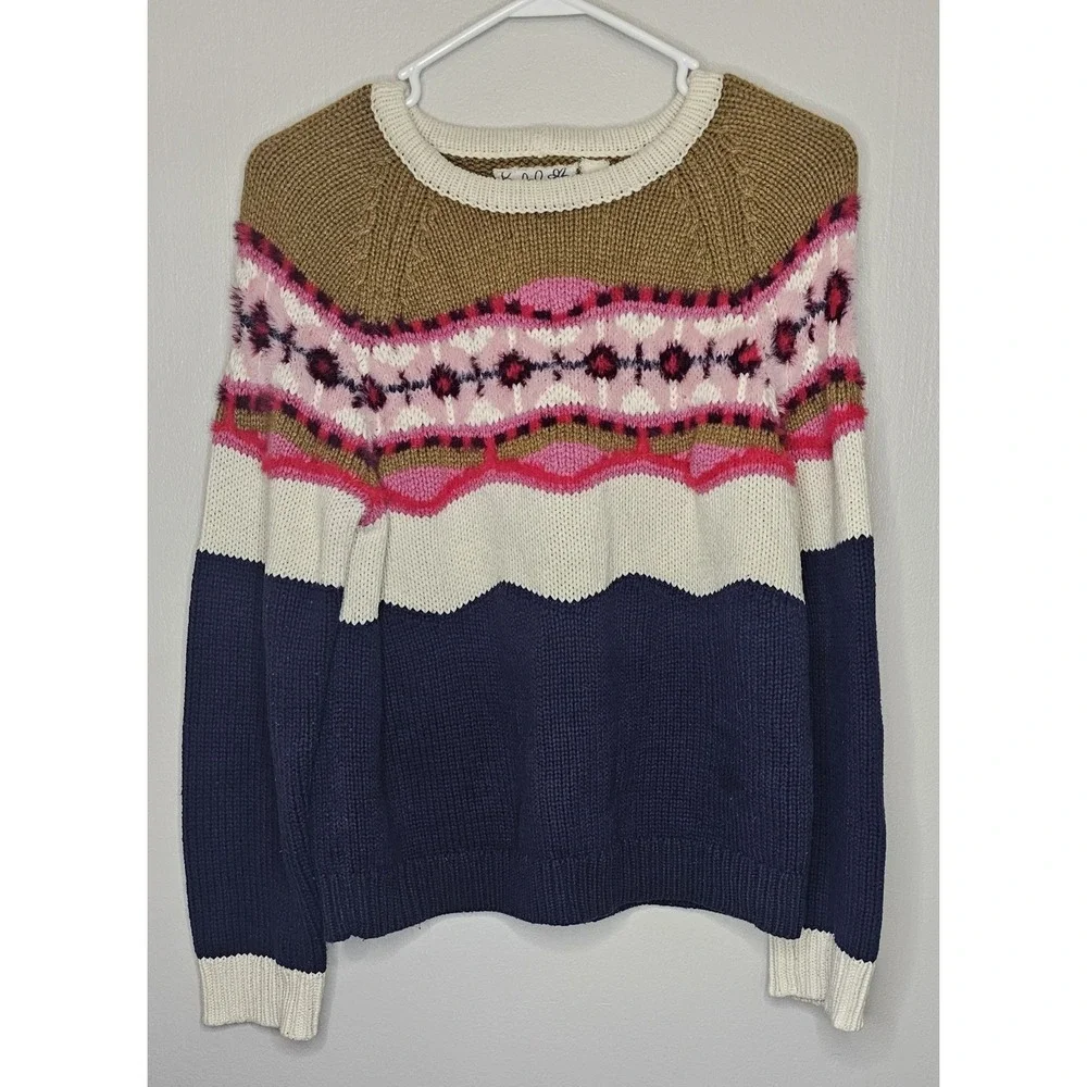 Anthropologie Field And Flower Wool Blend Navy‎ Pink Sweater Women's Size Medium